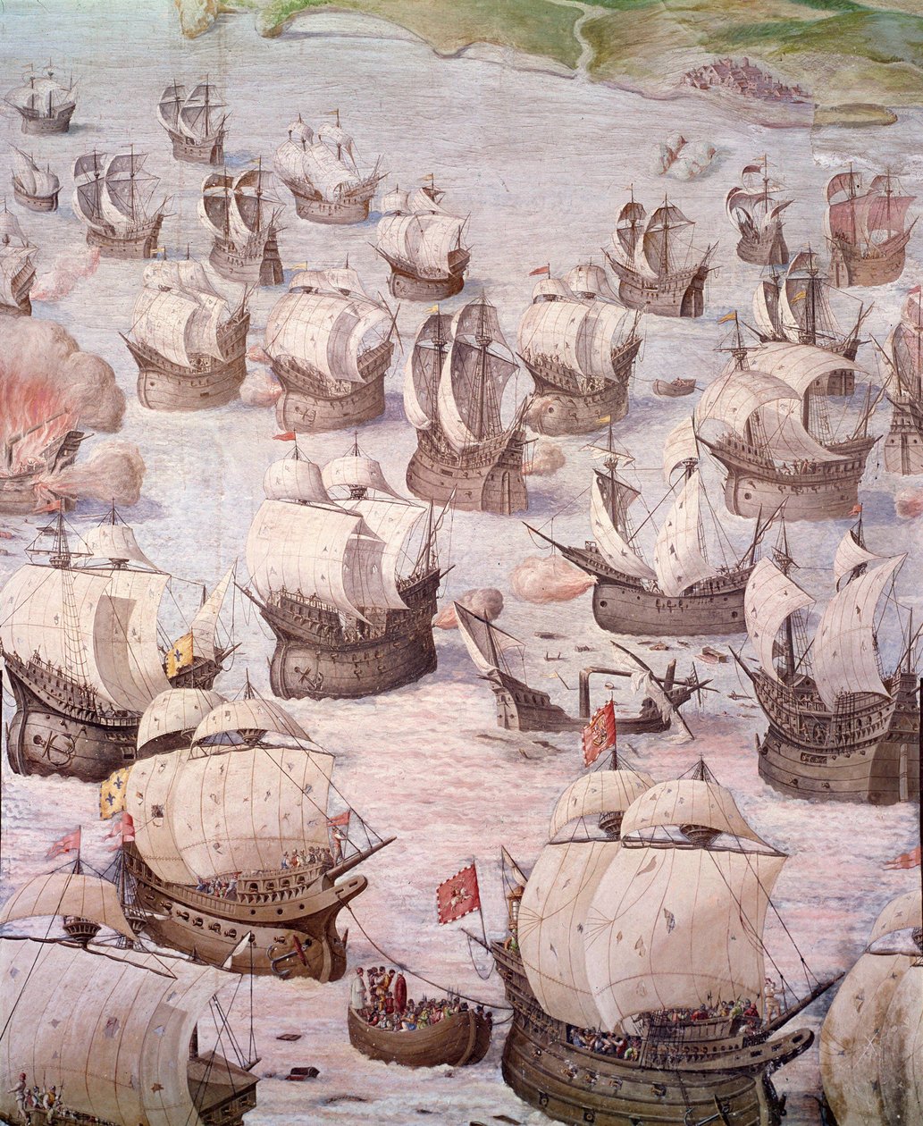 1582 年，西班牙国王菲利普二世 (1527-1598) 在远征 Acores 期间参加了西班牙帆船赛。 16 世纪的壁画。 战斗大厅，埃斯科里亚尔宫，马德里。 作者 西班牙语学校
