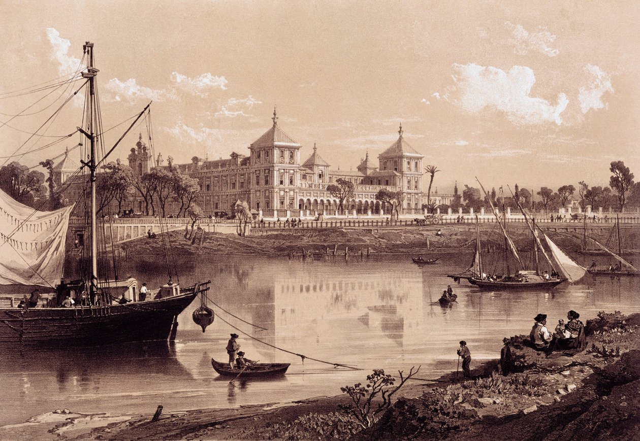 Seville, San Telmo Palace on the bank of the Guadalquivir River. Andalusia, Spain (19th century). Madrid, National Library. 作者 西班牙语学校