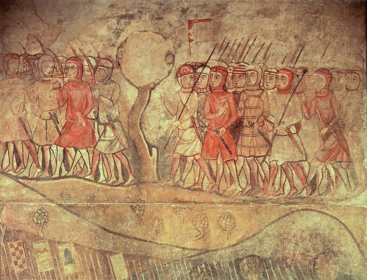 国王詹姆斯一世 (1208-76) 军队的士兵，一群手持弓箭和长矛的步兵，巴塞罗那前皇宫壁画的细节（壁画） 作者 西班牙语学校