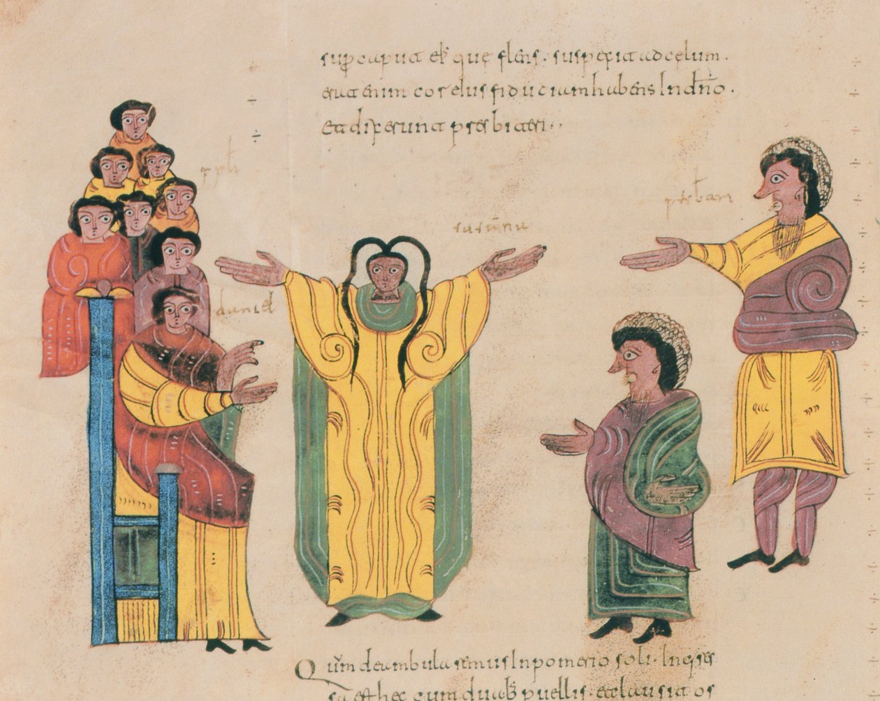 苏珊娜和长老，来自St. Isidores的Visigothic-Mozarabic Bible，fol.324v。，AD 960（牛皮纸上的蛋彩画） 作者 西班牙语学校
