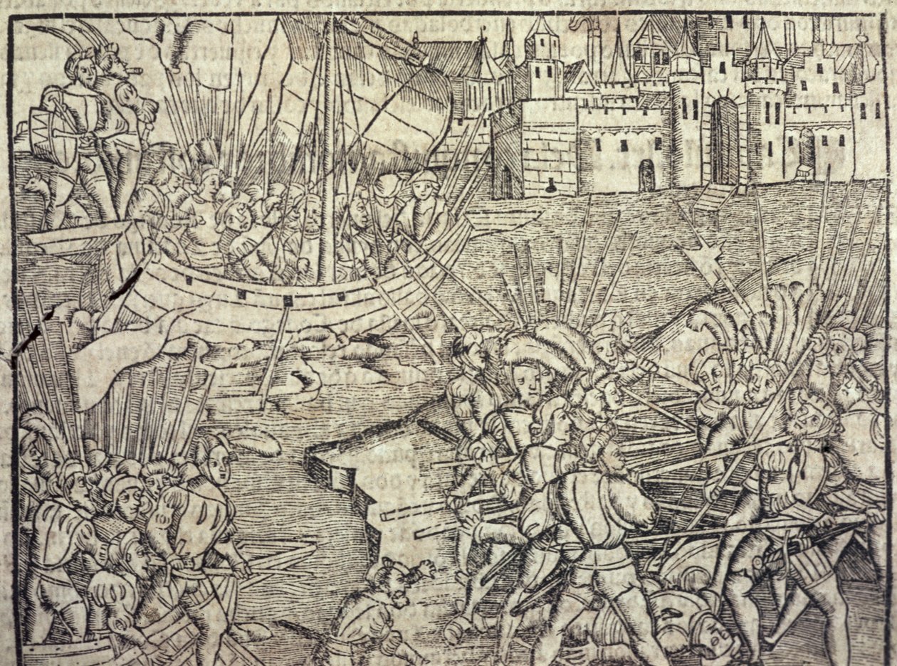 征服秘鲁，插图来自弗朗西斯科·洛佩斯·德·戈马拉（Francisco Lopez de Gomara，生于 1510 年）1554 年的《印度和新世界通史》（版画） 作者 西班牙语学校