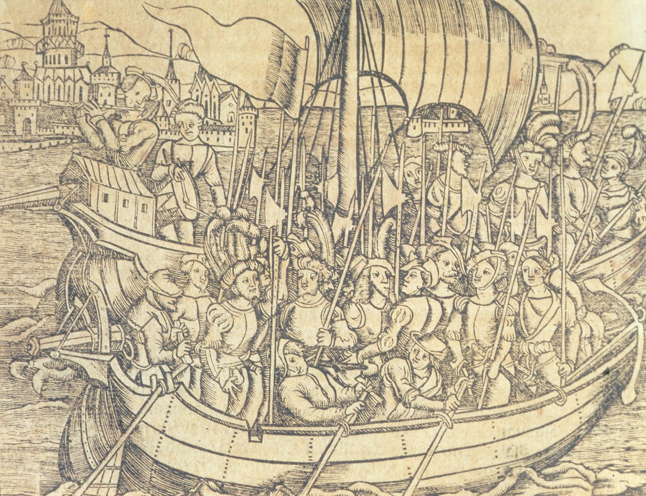 克里斯索弗·哥伦布（Chrisopher Columbus，1450-1596 年）《新大陆的发现》插图来自弗朗西斯科·洛佩兹·德·戈马拉（Francisco Lopez de Gomara，生于 1510 年）1554 年《印度群岛和新世界通史》（雕刻） 作者 西班牙语学校