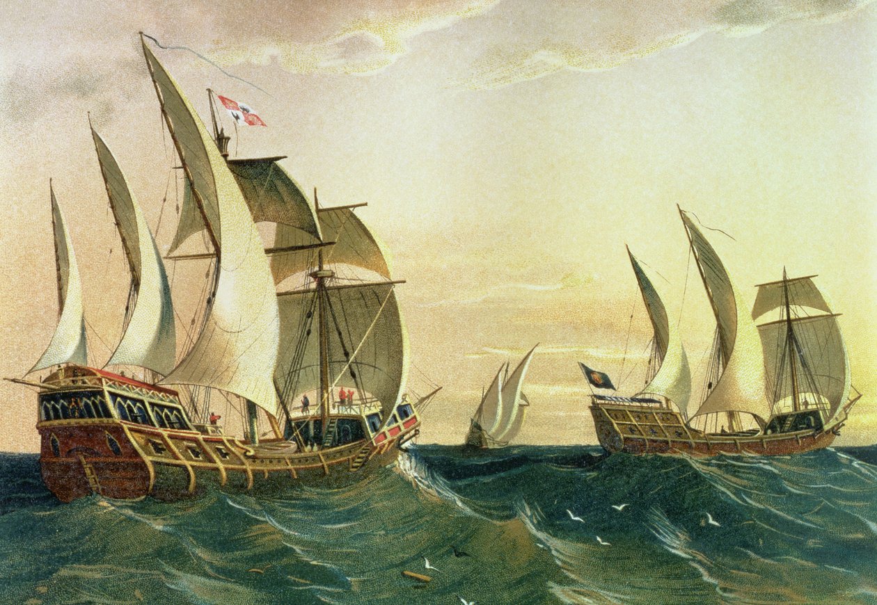 1492 年，《发现美洲》中的“平塔”号、“尼娜”号和“圣玛丽亚”号驶向西印度群岛 作者 西班牙语学校