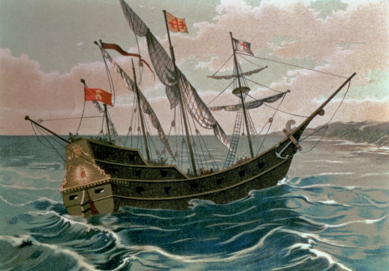 1492 年，圣玛丽亚号驶近新世界海岸，摘自“发现美洲”，酒吧。 巴塞罗那 作者 西班牙语学校
