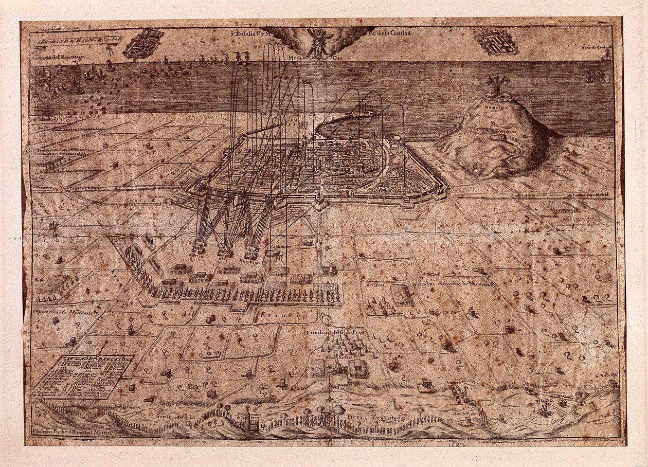 解除加泰罗尼亚或收割者战争（1640-1659），西班牙菲利普四世的军队（1605-1665）海上和陆地的巴塞罗那总部。 雕刻 1652 年。巴塞罗那城市历史博物馆。 作者 西班牙语学校