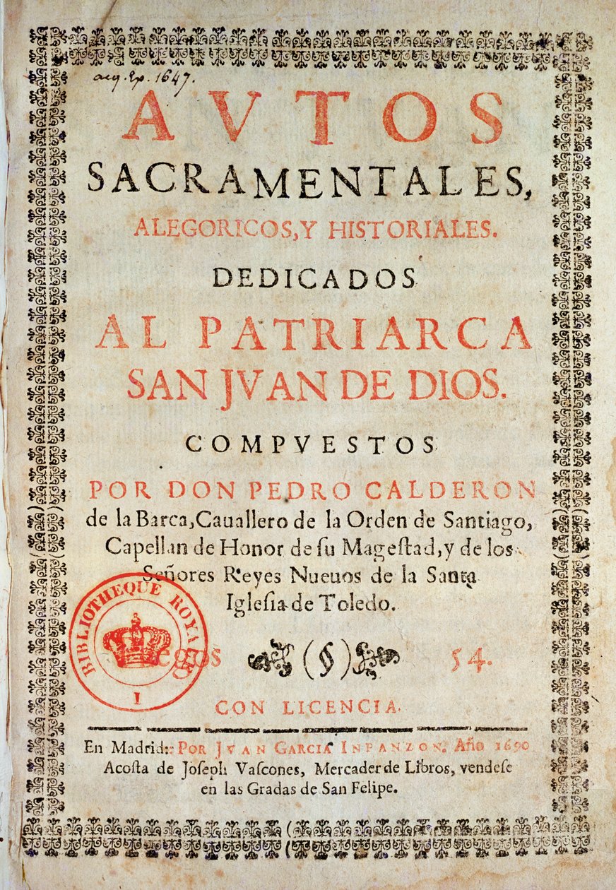 来自Los Autos Sacramentales的标题页由Pedro Calderon de la Barca（1600-81）编辑，由Juan Garcia Infanzon编辑，1690年（印刷纸） 作者 西班牙语学校