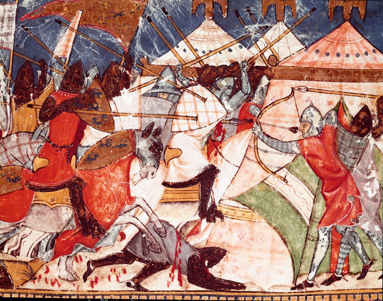 特洛伊战争：特洛伊人入侵希腊勇士的军营。 西班牙手稿“Codex Benito de Santa Mora”的缩影细节 作者 西班牙语学校