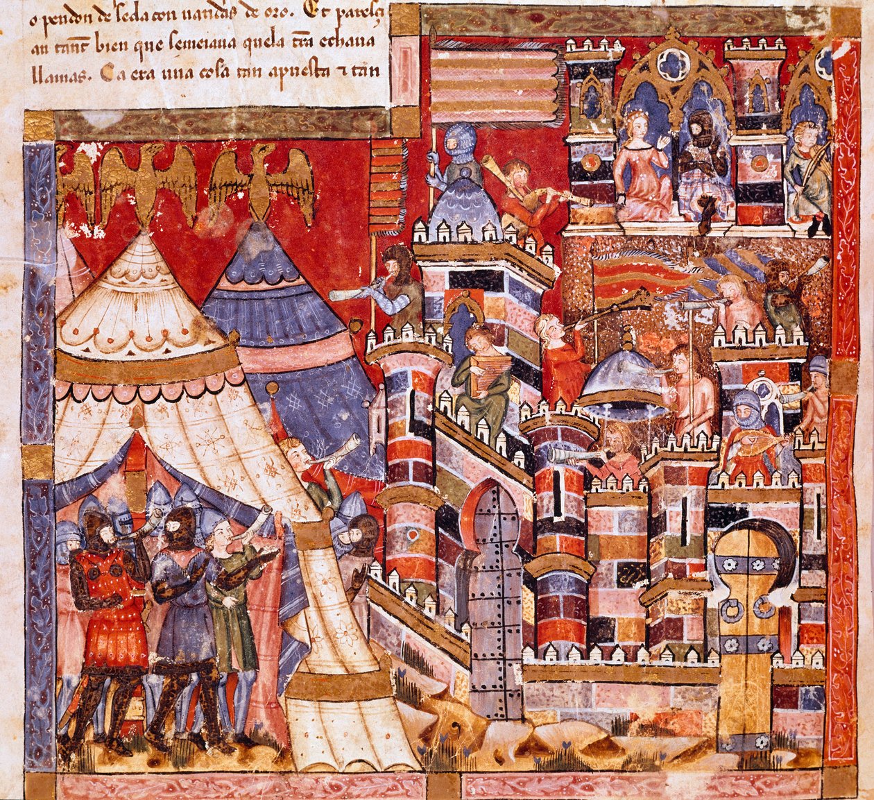 特洛伊战争：特洛伊城和希腊人的营地。西班牙手稿 "Codex Benito de Santa Mora "中的一幅微型画的细节 作者 西班牙语学校