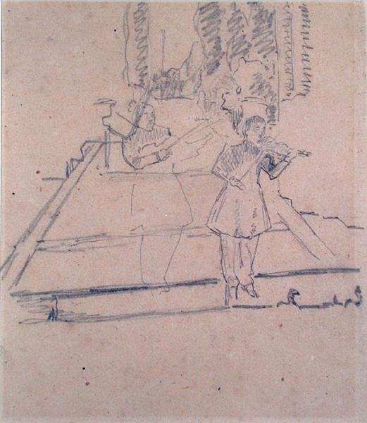 脚灯下的音乐家们，约1910年（铅笔在水彩纸上）。 作者 斯宾塞·弗雷德里克·戈尔