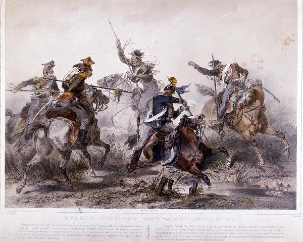 1848年意大利独立战争中的皮埃蒙特战役中的英雄事件（彩色平版印刷）。 作者 斯坦尼斯拉斯·格里马尔迪·德尔·波吉托