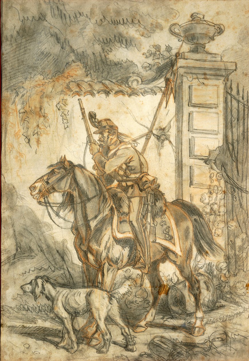 巡逻中的枪骑兵，Stanislao Grimaldi del Poggetto 的插图 作者 斯坦尼斯拉斯·格里马尔迪·德尔·波吉托