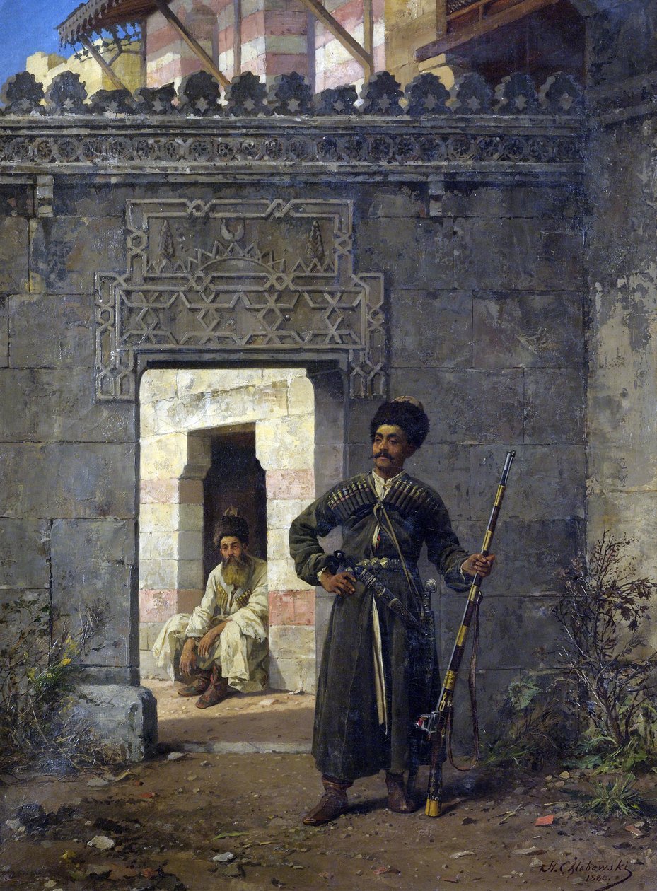"斯坦尼斯拉夫-赫列博夫斯基(Khlebovski)(1835-1884)的油画《切尔克斯的守卫》(Les gardes tcherkesses)--1880年--布面油画 Dim 55.5x41.2 cm 私人收藏 作者 斯坦尼斯劳斯·冯·克莱博夫斯基