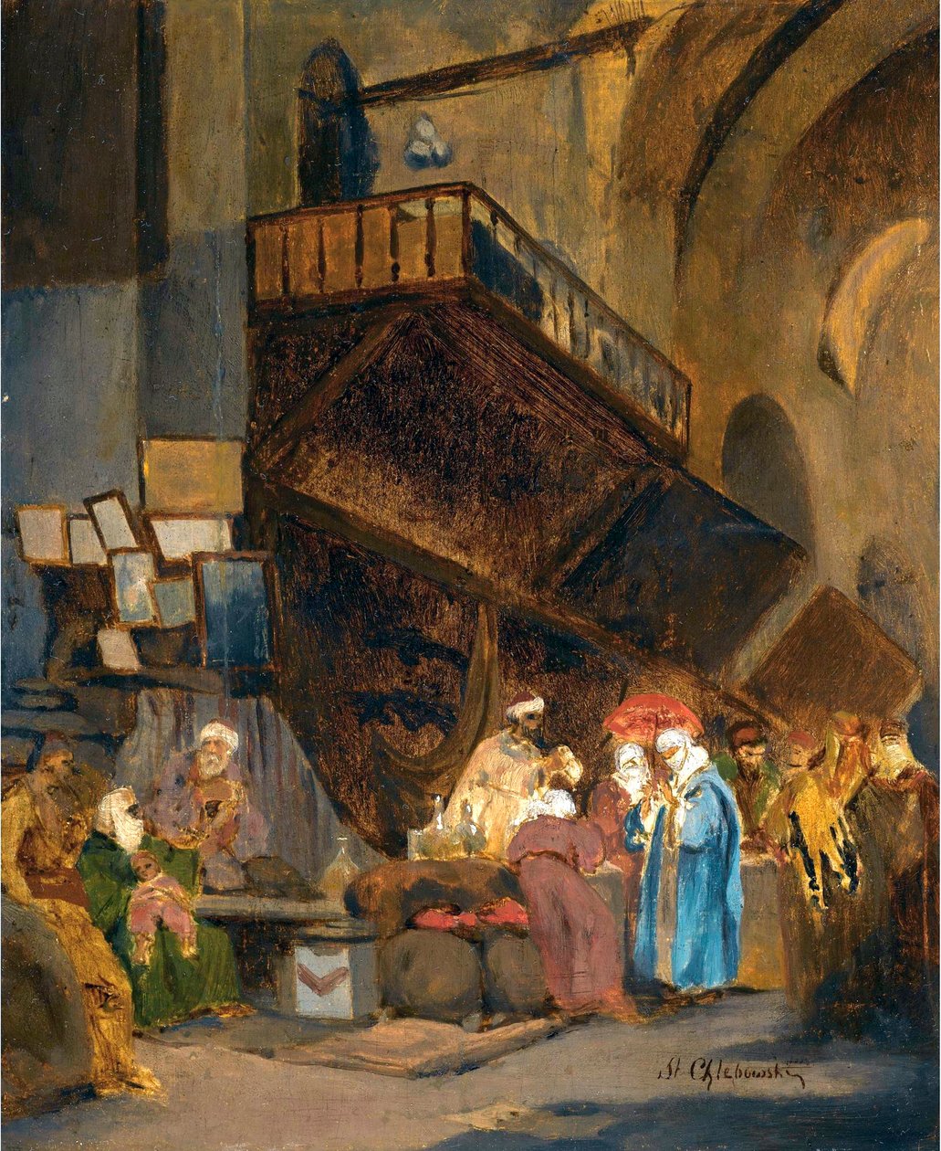 Bazar a Constantinople - Peinture de Stanislaw Chlebowski (1835-1884), orientalisme - 君士坦丁堡的集市 - Stanislav Khlebovsky（1835-1884）的木板油画 - 26x21 厘米 - 私人收藏 作者 斯坦尼斯瓦夫·切博夫斯基