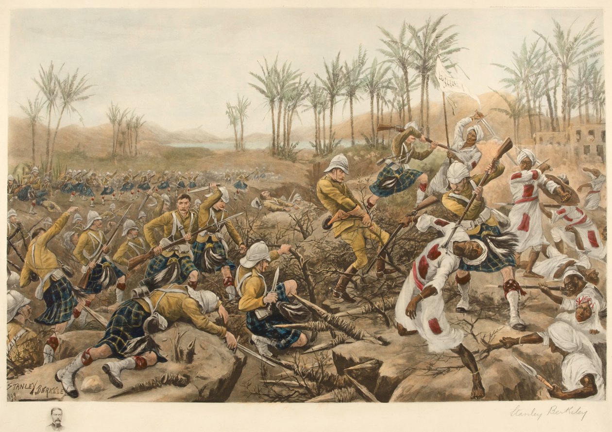 卡梅伦高地部队攻下一个碉堡，阿特巴拉，1898年4月8日（摄影版画）。 作者 斯坦利伯克利