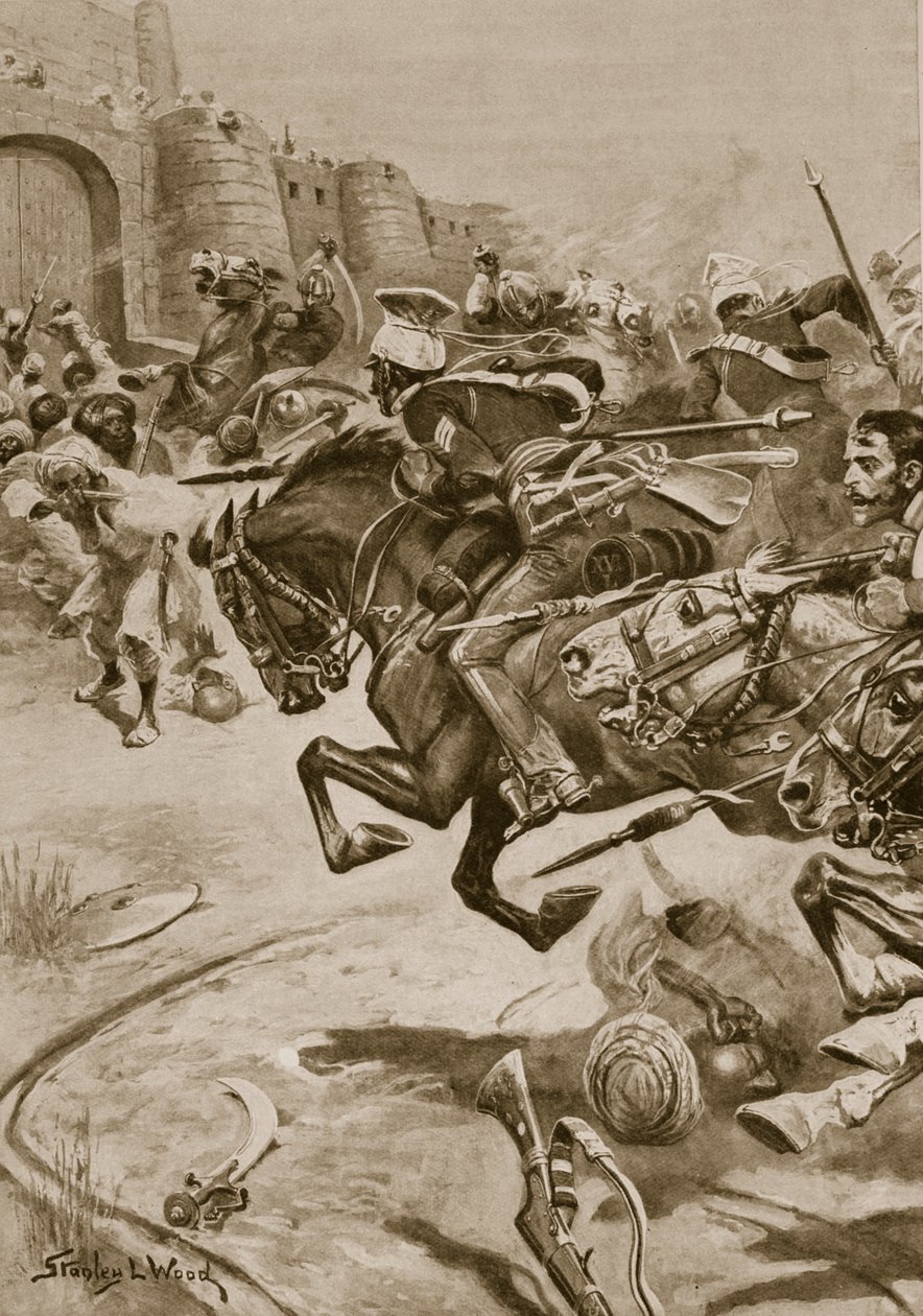 第11骑兵队和斯金纳的马队将贾特人赶进巴拉特布尔，1828年12月（石印）。 作者 斯坦利·L·伍德
