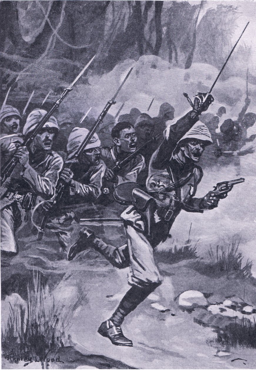 英国1874年1月31日在Amoaful指控Ashantis，1915年英国陆地和海上战役的插图 作者 斯坦利·伍德