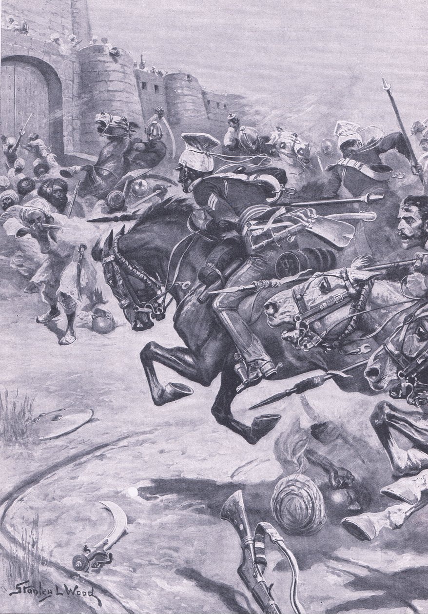第16位枪骑兵和Skinners Horse驾驶Jats进入Bharatpur; 1825年12月，1915年英国陆地和海上战役的插图 作者 斯坦利·伍德
