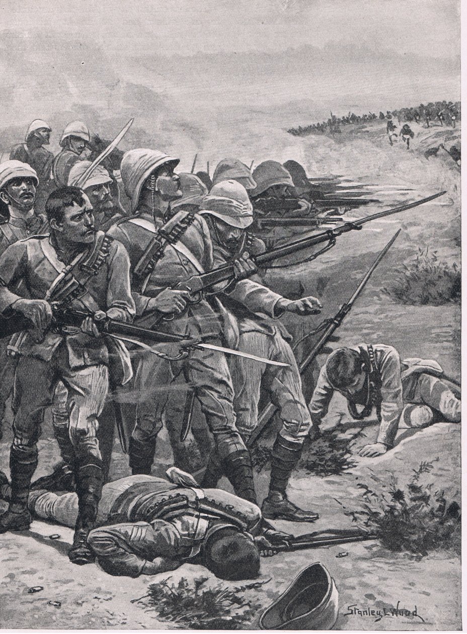 1885年1月19日ABU-Kru的广场，1915年英国陆地和海上战役的插图 作者 斯坦利·伍德