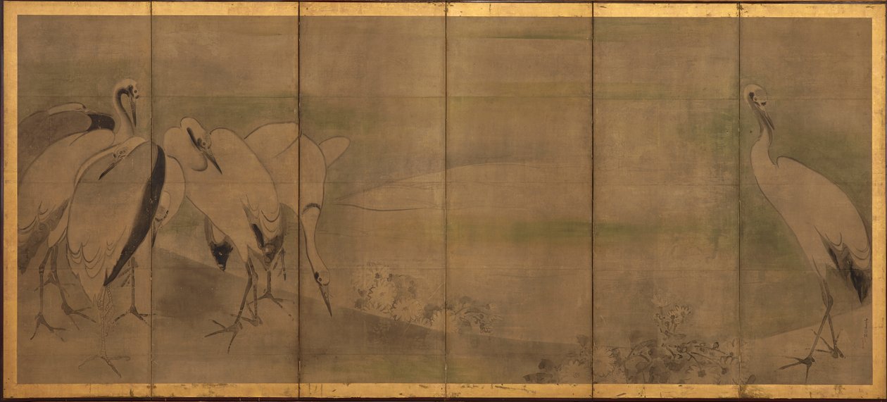 鹤和菊花，桃山或江户时期，1568-1868。 作者 宗达