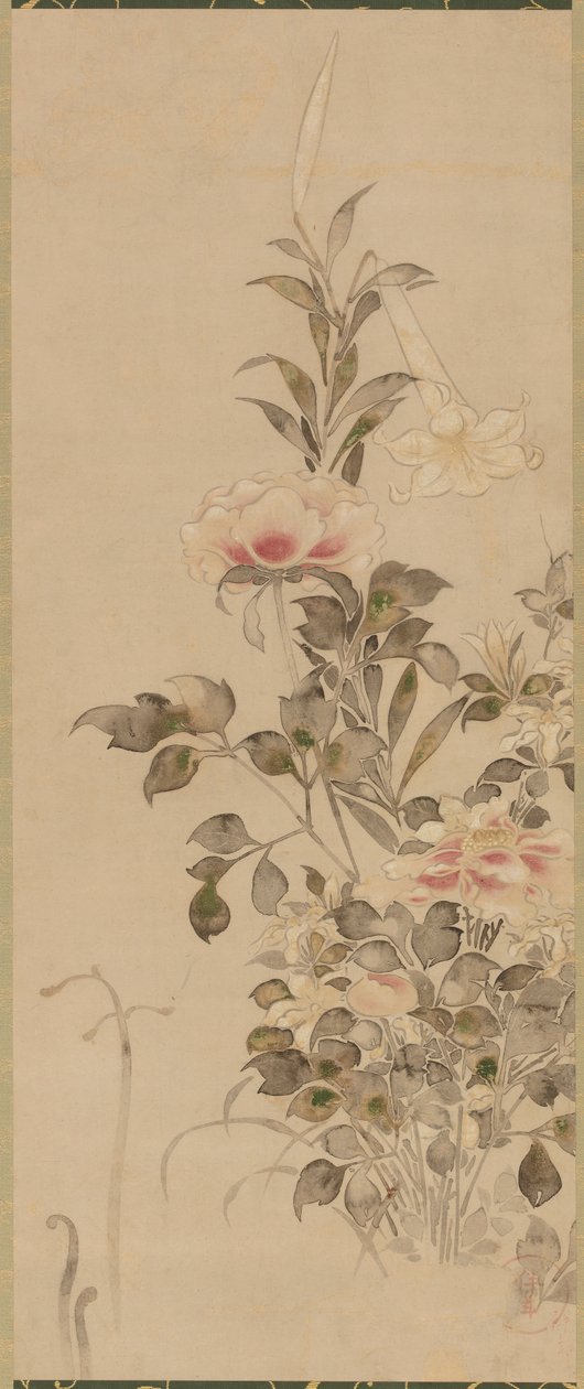 牡丹和百合，桃山或江户时期，1568-1615。 作者 宗达
