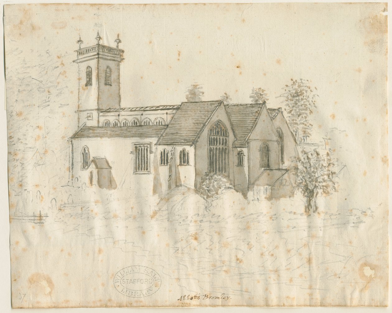 方丈布罗姆利教堂（Abbots Bromley Church）：铅笔素描略有清洗，nd [1762-1802] 作者 斯蒂宾肖