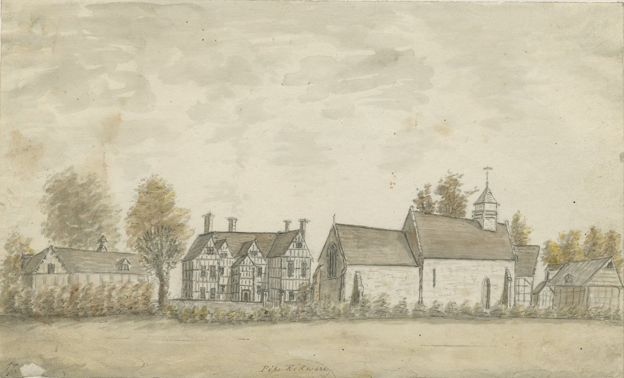 管道Ridware教堂和庄园住宅：水彩画，nd [1762-1798] 作者 斯蒂宾肖