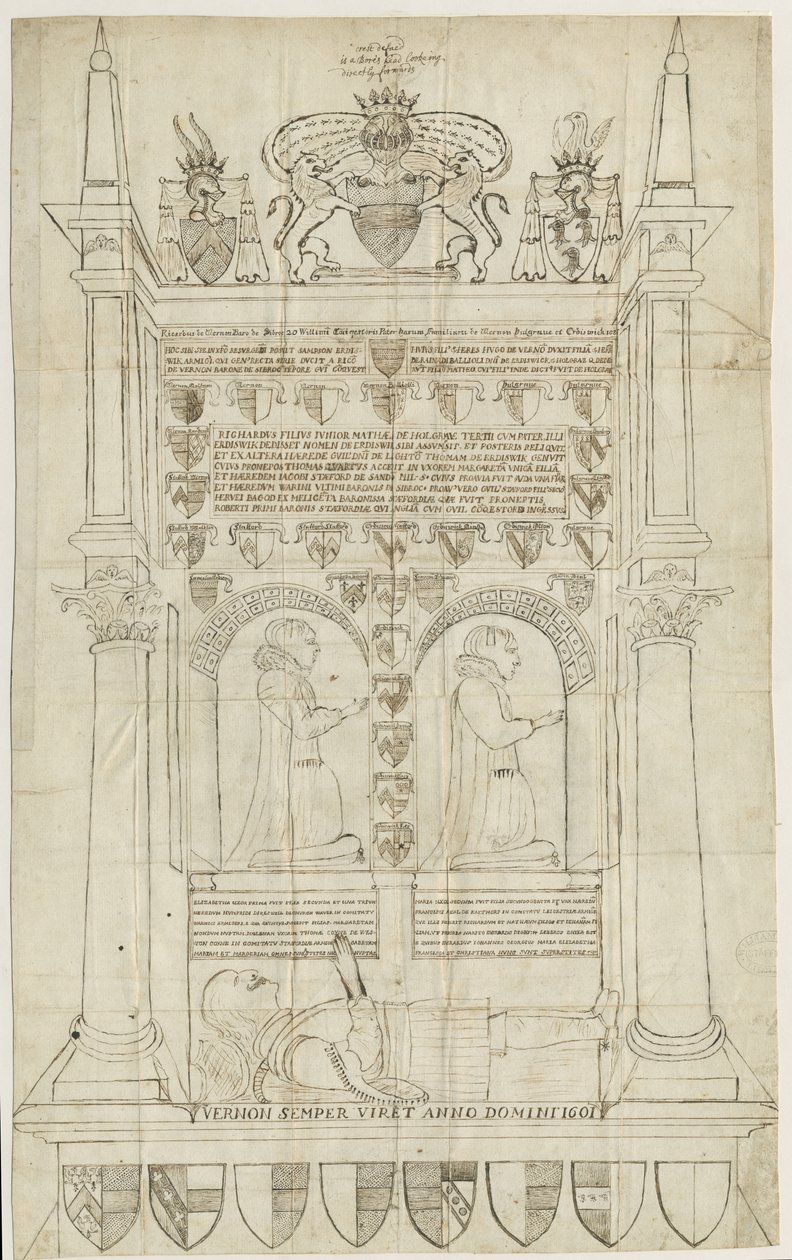 桑顿教堂（Sandon Church）-桑普森·埃德斯维克墓（Sampson Erdeswicke）：钢笔和墨水绘画，nd [？18th cent]（绘画） 作者 斯蒂宾肖