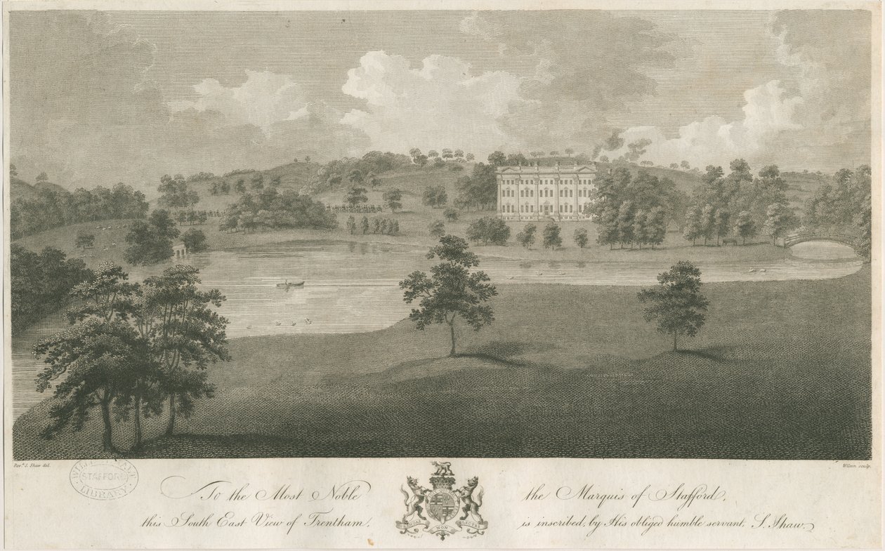 特伦瑟姆·霍尔（Trentham Hall）：雕刻，nd [c 1794]（印刷） 作者 斯蒂宾肖