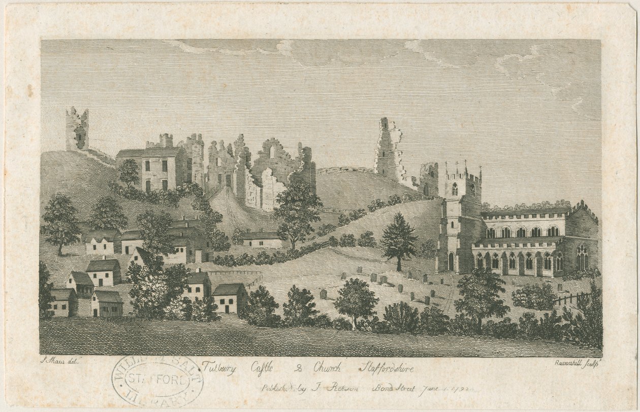 Tutbury城堡和教堂-东南面视图：版画，nd [1762-1792]（印刷） 作者 斯蒂宾肖
