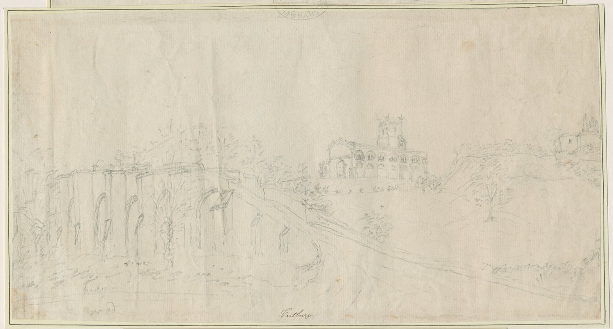 Tutbury教堂和城堡-东北视图：铅笔素描，nd [1762-1802]（绘制） 作者 斯蒂宾肖
