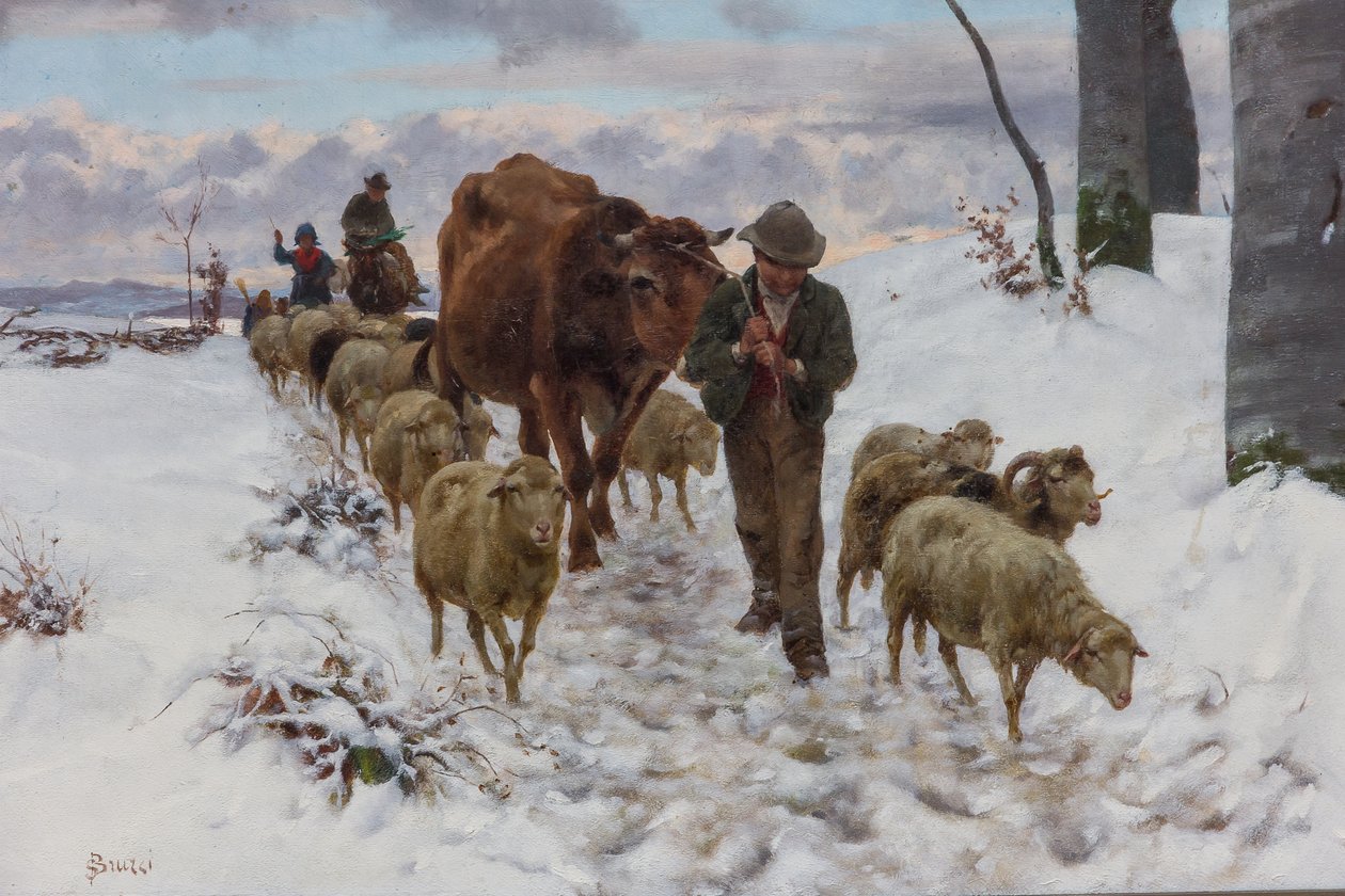 降雪后从市场回来》，1877 年之前（布面油画） 作者 斯蒂法诺·布鲁齐