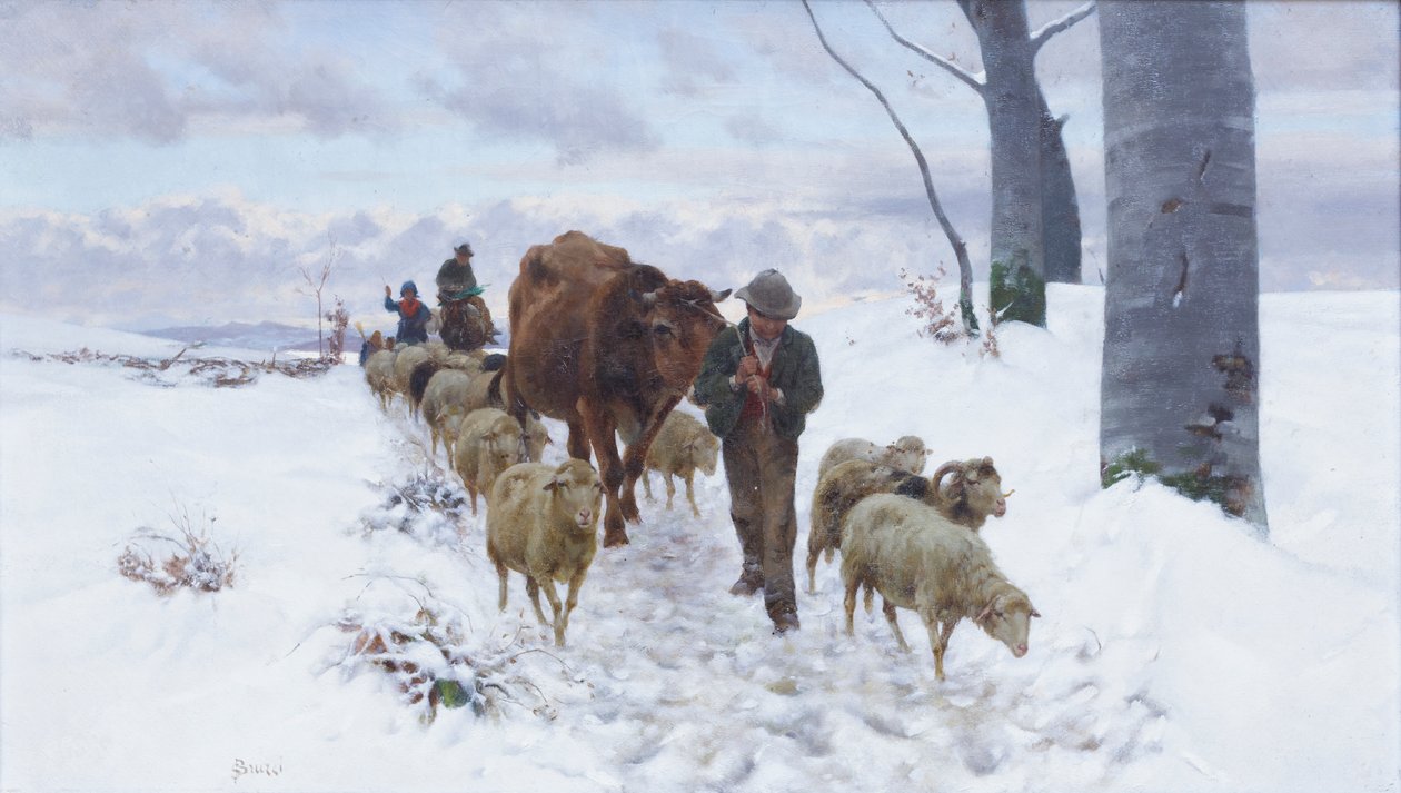 雪后从市场回来，1877 年前（布面油画） 作者 斯蒂法诺·布鲁齐
