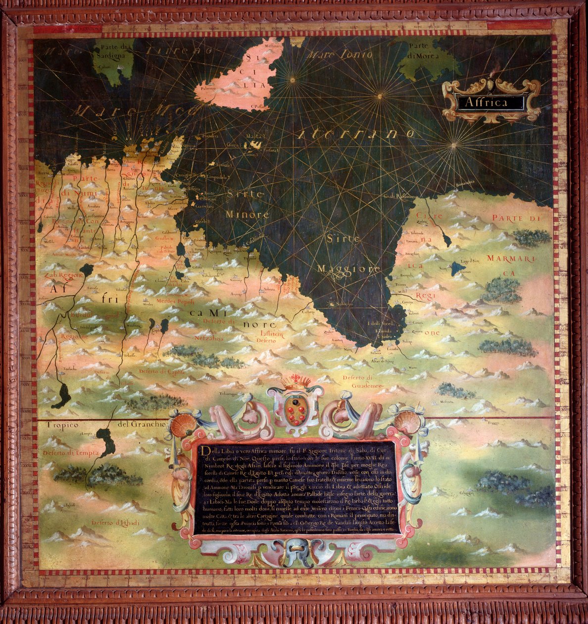 Afique du Nord:Cyrenaic和Marmarique地区的地图，由Stefano Bonsignori（？ -1589）意大利宇宙学家和画家制作。1581年左右。佛罗伦萨，韦基奥宫，Mappamondo厅 作者 斯特凡诺·布翁西诺里