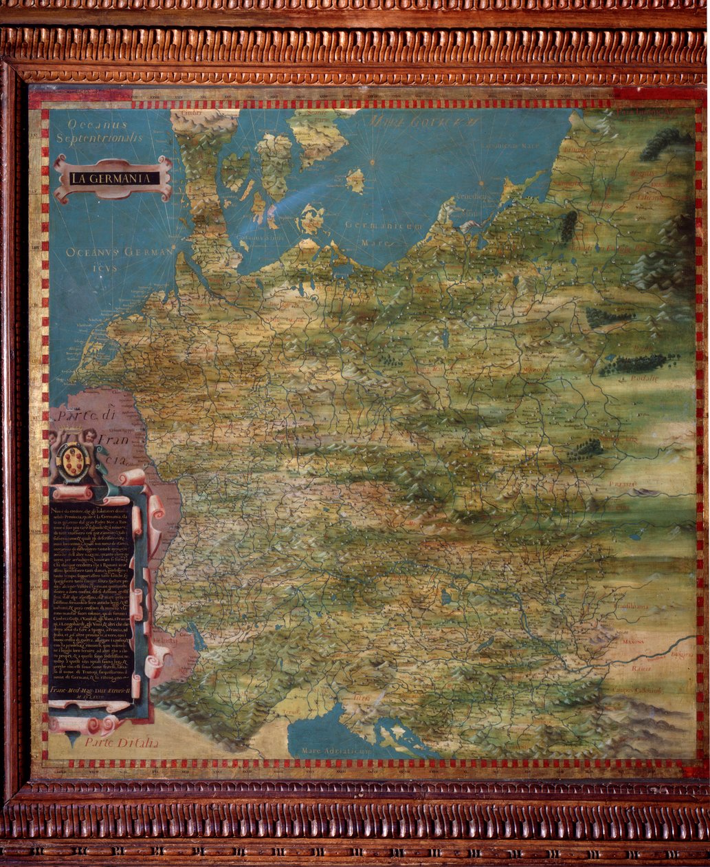 德国 卡片由Stefano Bonsignori（？ -1589）意大利宇宙学家和画家制作。1581年左右。佛罗伦萨，韦基奥宫，Mappamondo厅 作者 斯特凡诺·布翁西诺里