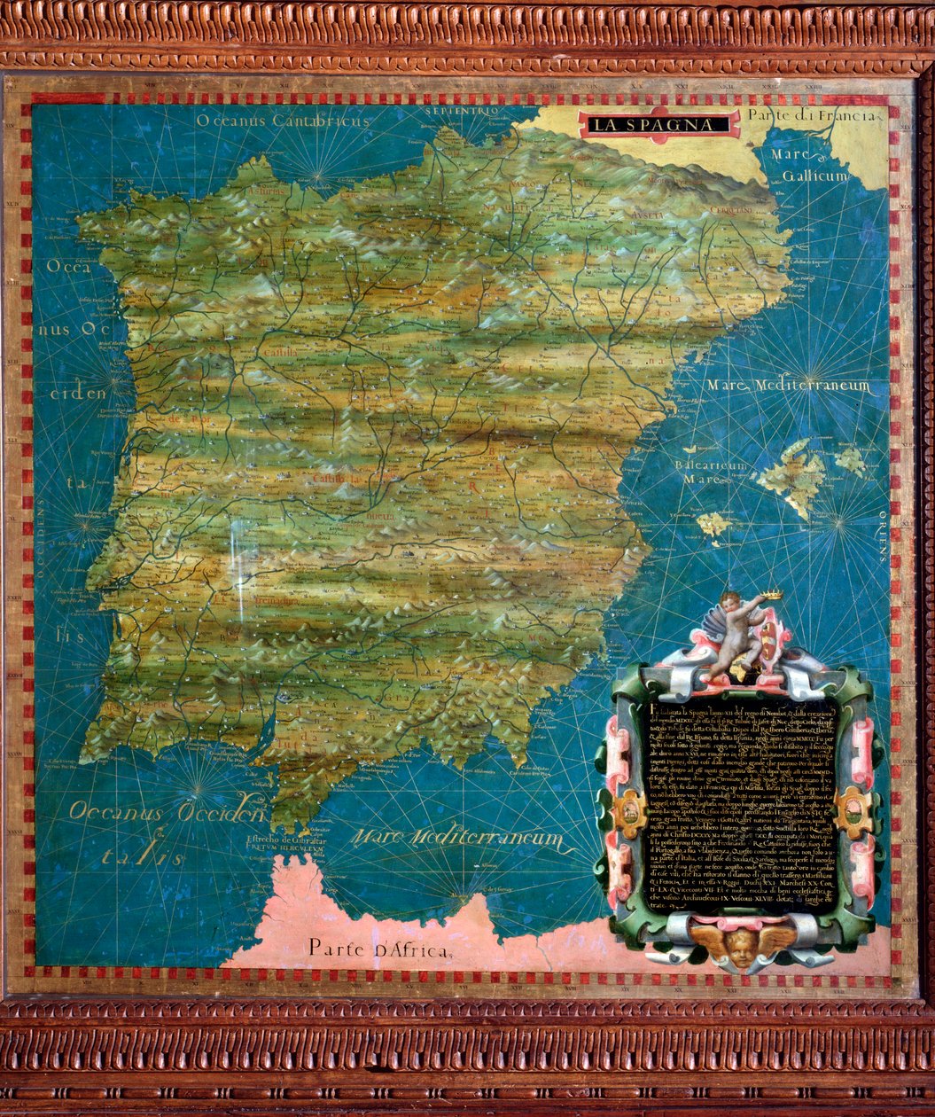 西班牙和葡萄牙地图，由Stefano Bonsignori（？ -1589）意大利宇宙学家和画家绘制。1581年左右。佛罗伦萨，韦基奥宫，Mappamondo厅 作者 斯特凡诺·布翁西诺里