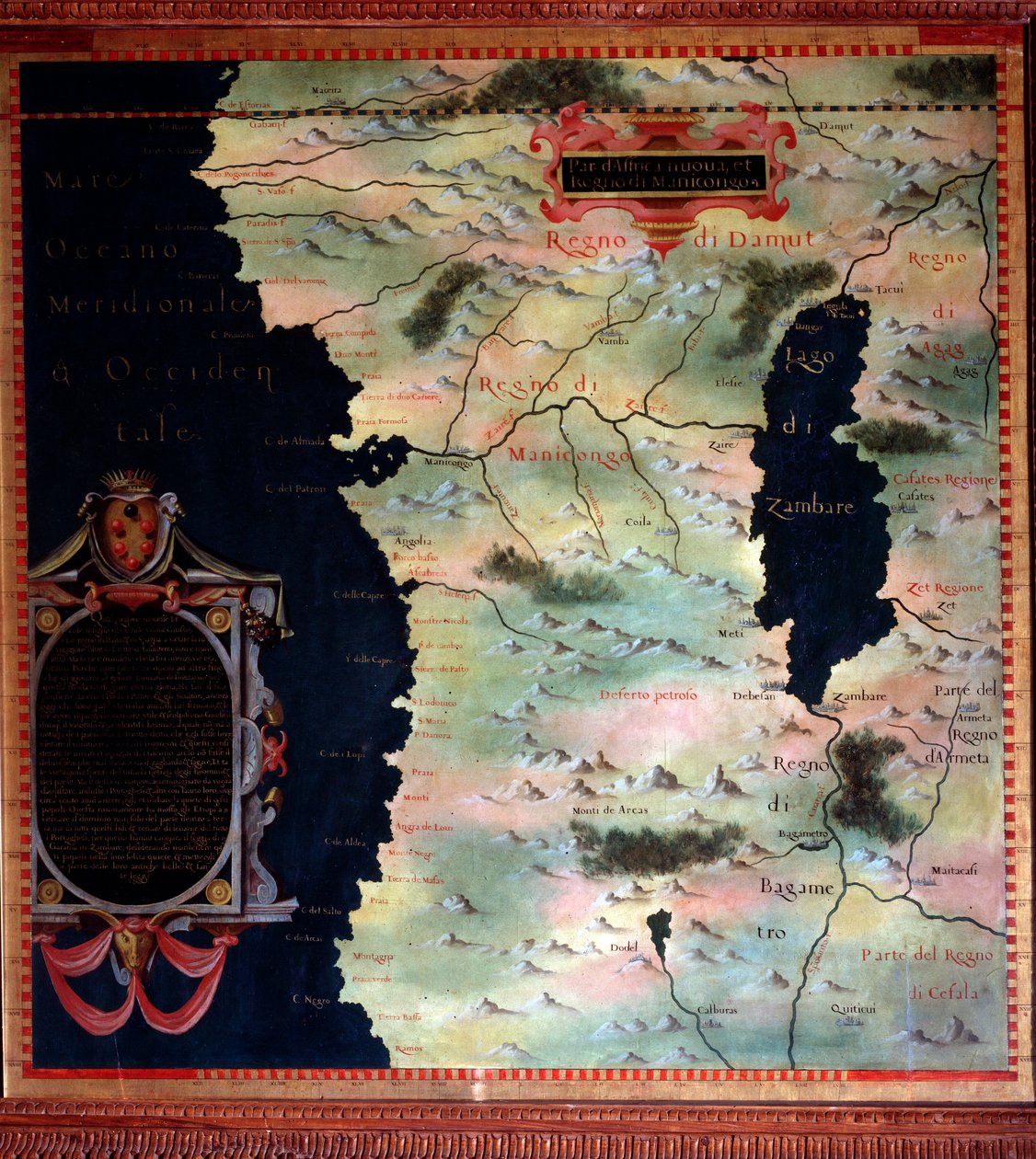 西非（刚果和安哥拉）地图由Stefano Bonsignori（？ -1589）意大利宇宙学家和画家制作。1581年左右。佛罗伦萨，韦基奥宫，Mappamondo厅 作者 斯特凡诺·布翁西诺里