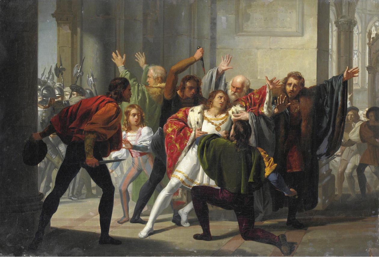 帕齐阴谋 by Stefano Ussi (1822-1901) - 私人收藏 - "" La congiura dei Pazzi "" 帕齐的阴谋（阴谋或阴谋） - 1478 年 4 月 26 日星期日，在佛罗伦萨，群众发生冲突在大教堂 作者 斯特凡诺·乌西（Stefano Ussi）