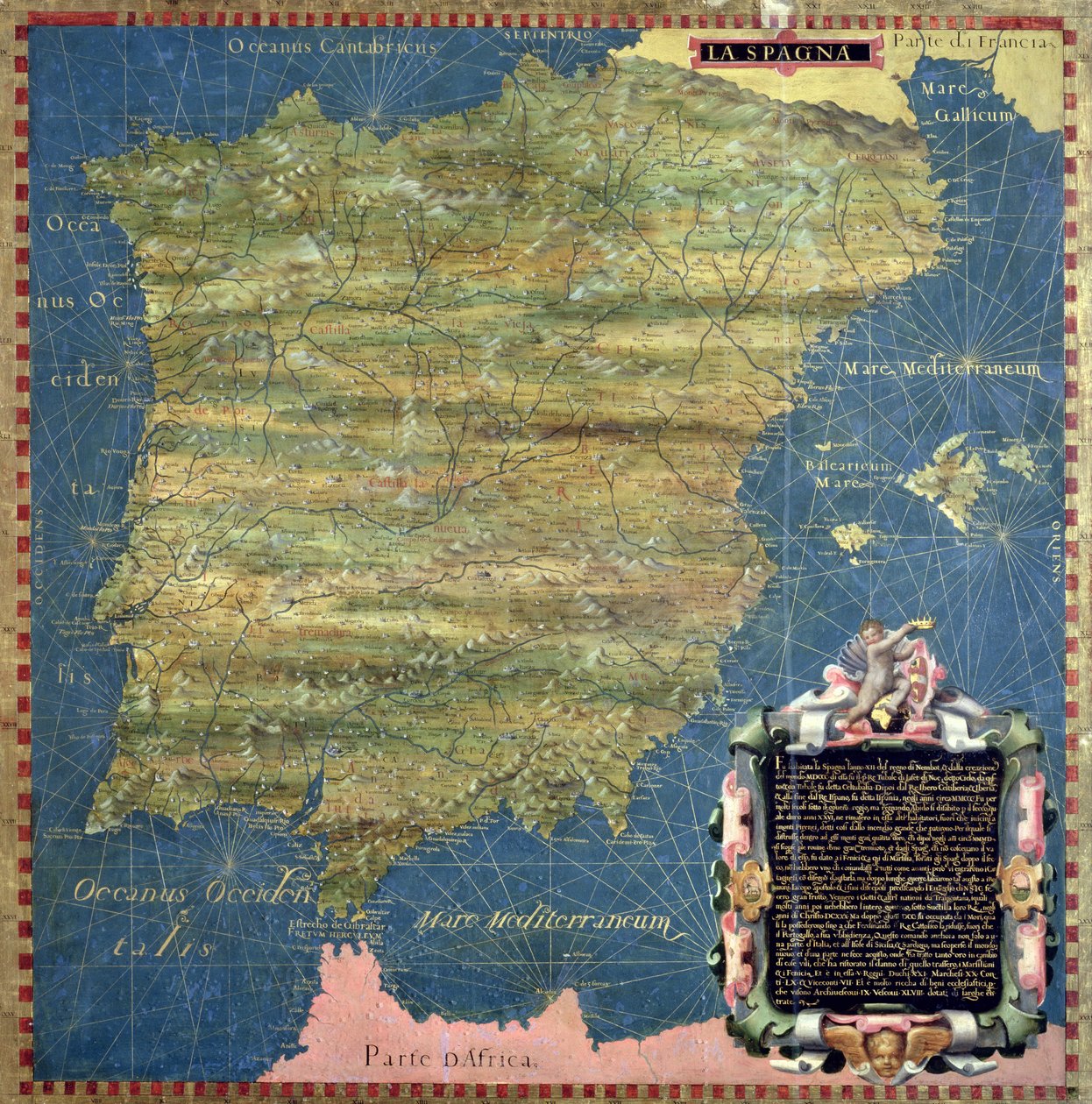十六世纪西班牙地图，来自 "Sala delle Carte Geografiche"（地理地图厅）1575年（板面油画）。 作者 斯特凡诺（Stefano）和丹蒂（Danti Egnazio Bonsignori）