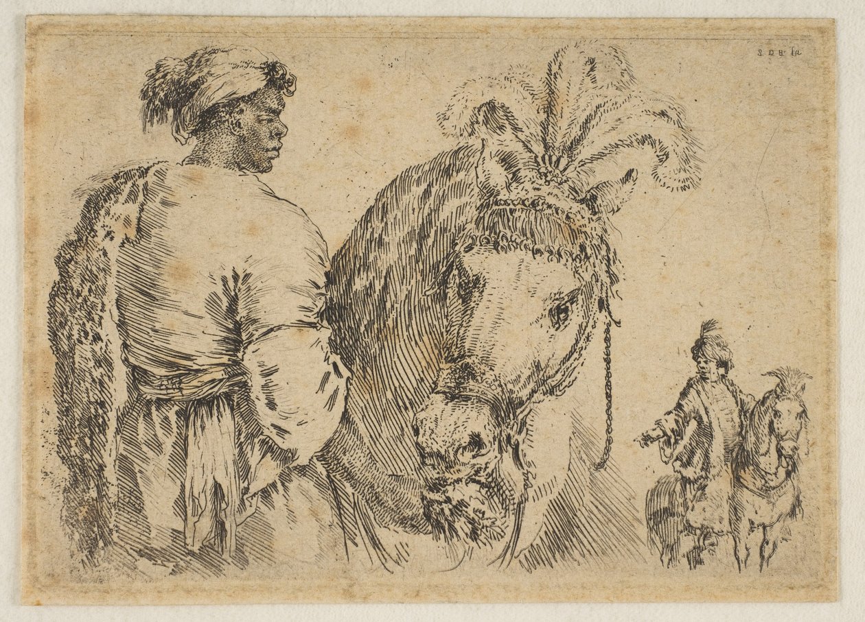 喂养马的黑人，ca。 1662。 作者 斯蒂法诺·德拉·贝拉