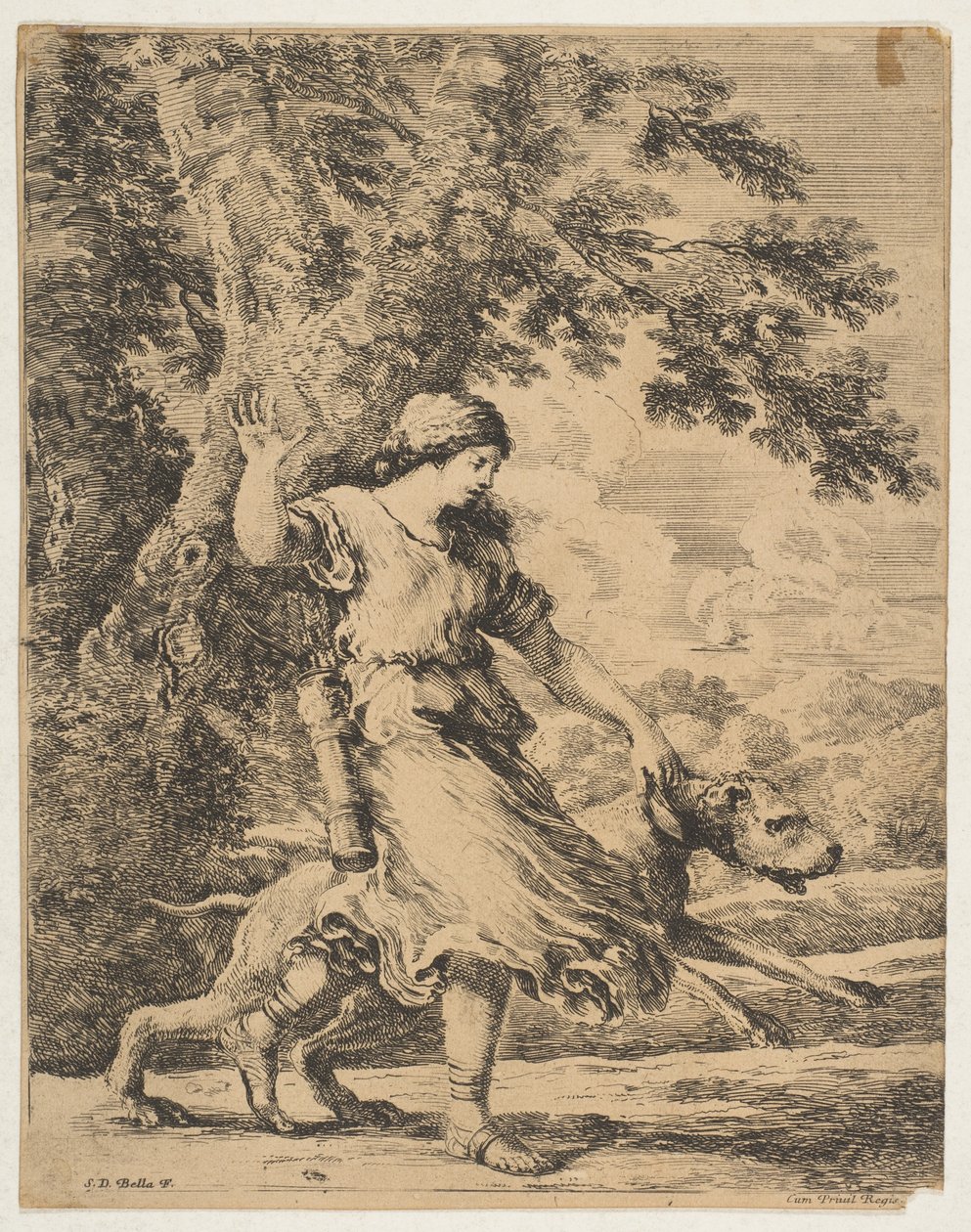 牵着大狗衣领的仙女，约1654年。 作者 斯蒂法诺·德拉·贝拉