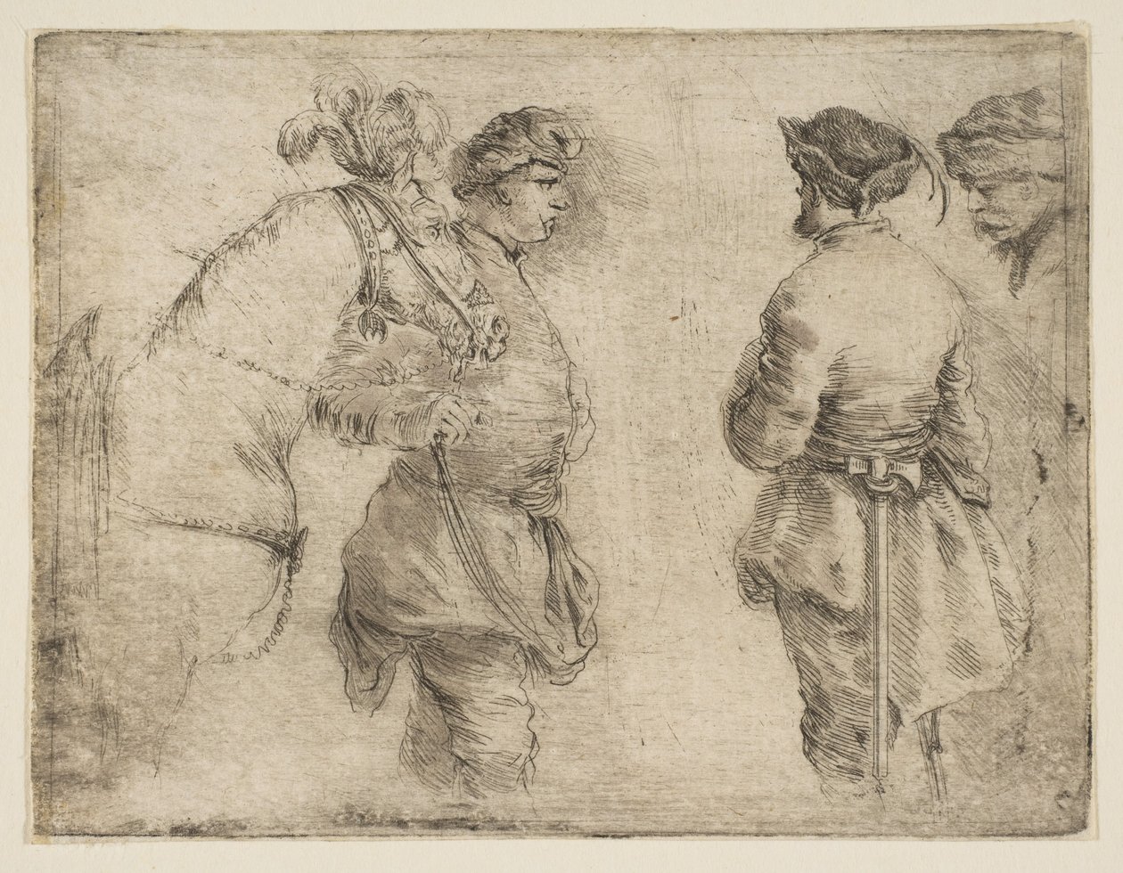 一根杆子the着马，与另外两个人交谈，ca。 1662。 作者 斯蒂法诺·德拉·贝拉