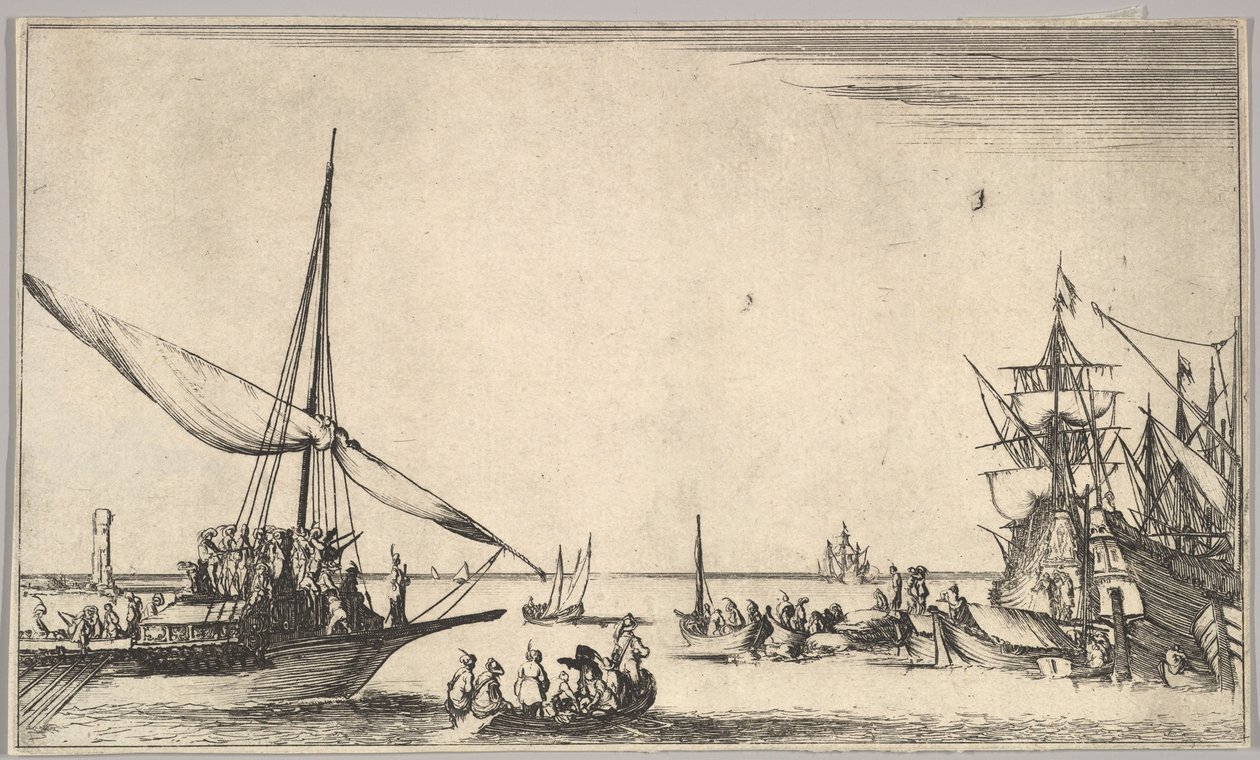 1639年，一个厨房到达左港口，中间有几条划艇，船在右港口航行。 作者 斯蒂法诺·德拉·贝拉