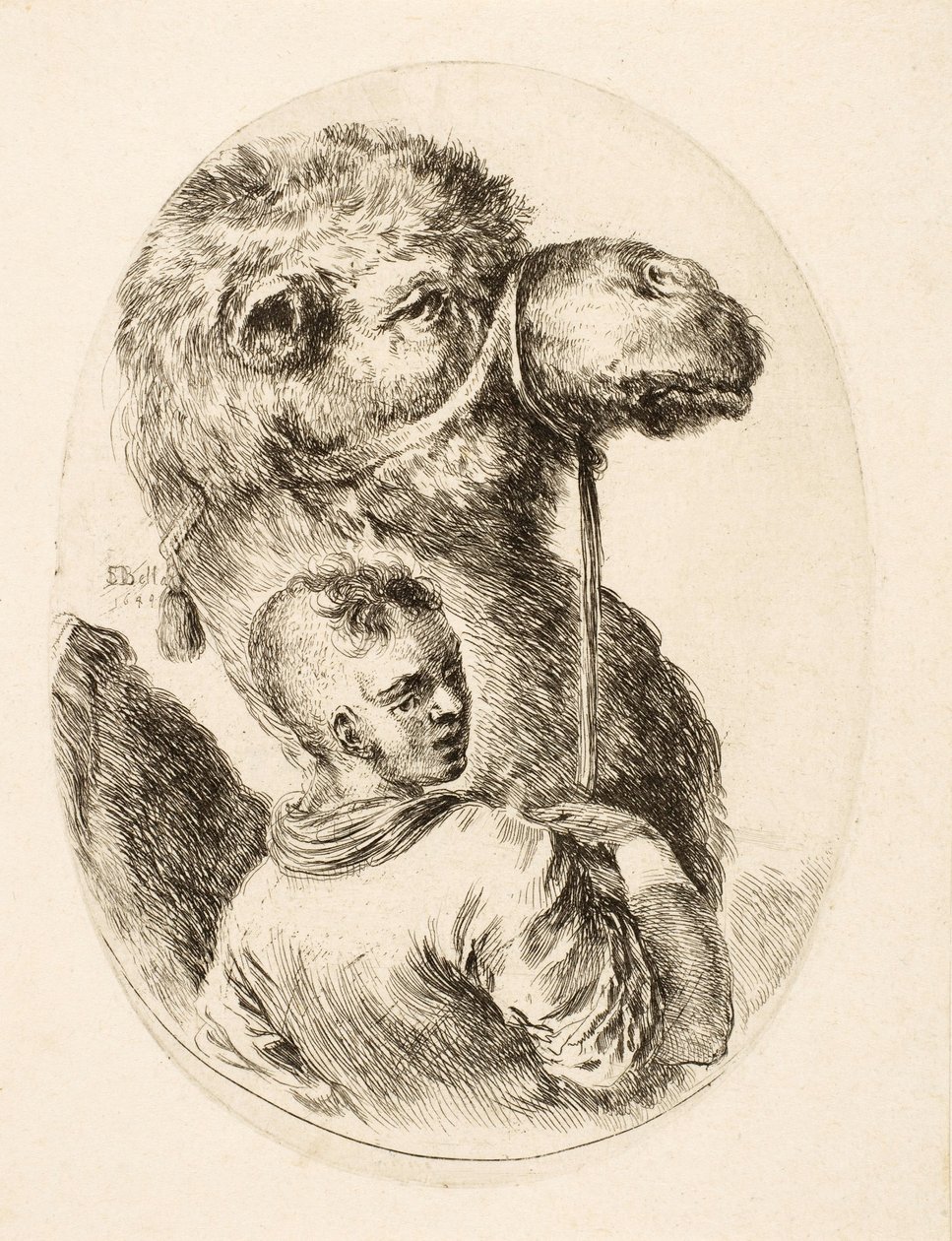 牵着骆驼缰绳的男孩，选自《Plusieurs Têtes Coiffées à la Persienne》，约 1650 年出版（版画）。 作者 斯蒂法诺·德拉·贝拉