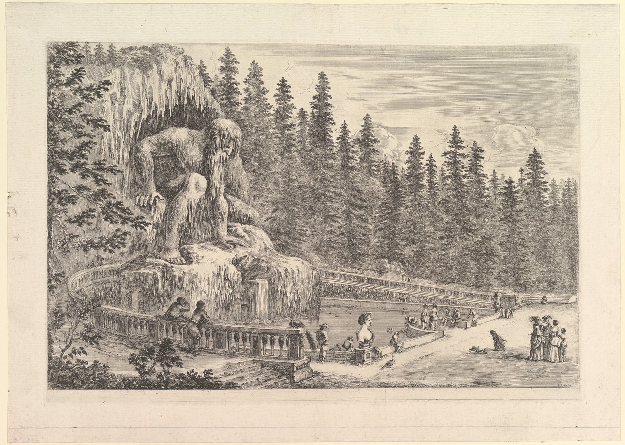 詹博洛尼亚（Giambologna）留下的巨大Appenino雕像，左为巨大的蛋糕……。 1653。 作者 斯蒂法诺·德拉·贝拉