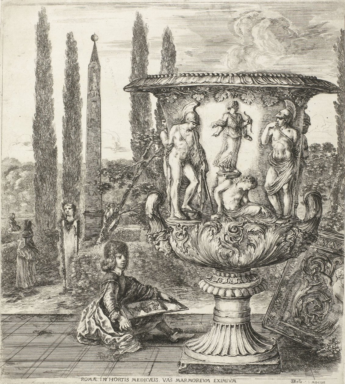 年轻的科西莫三世-美第奇在美第奇花瓶上签名
Romae, in hortis Medicaeis marmoreum eximium（物体上的标题）
罗马及周边景观（系列标题）
六大景观，其中四幅是罗马，两幅是罗马坎帕涅（系列标题） 作者 斯蒂法诺·德拉·贝拉
