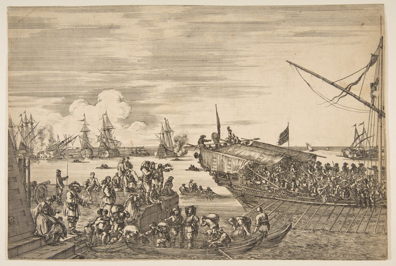 1654-55年，从里窝那港口的风景中离开里窝那港口的一个厨房。 作者 斯蒂法诺·德拉·贝拉