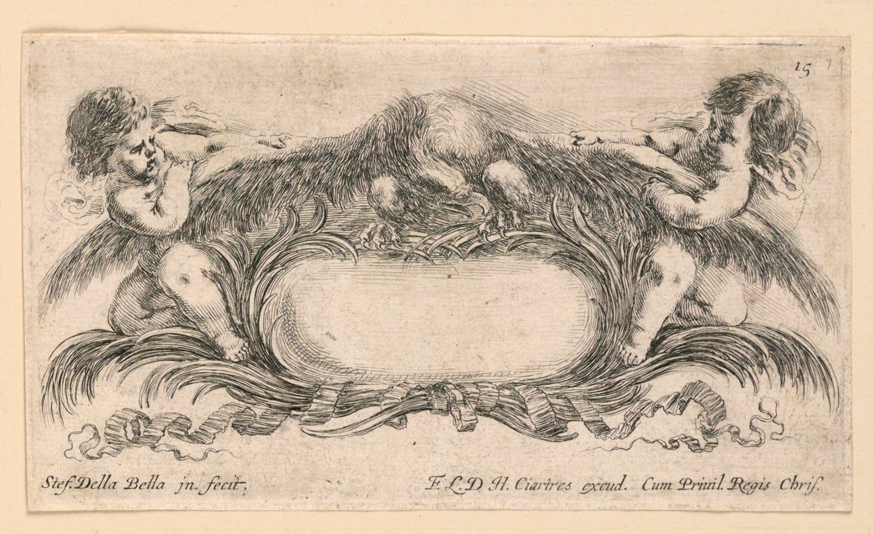 徽章，选自 "Raccolta di varii cappriccii et nove inventioni di cartelle et ornamenti "中的第 15 号。 作者 斯蒂法诺·德拉·贝拉