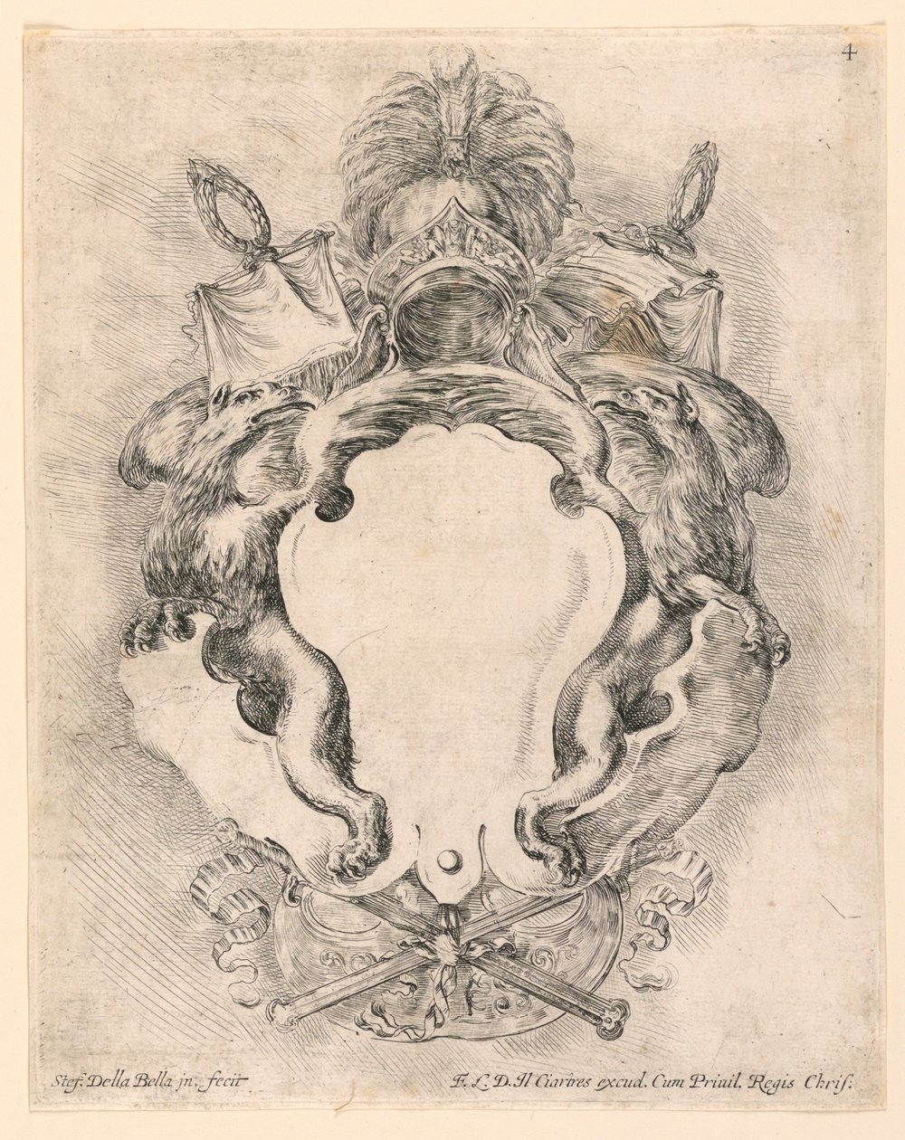 徽章，"Raccolta di varii cappriccii et nove inventioni di cartelle et ornamenti "中的第 4 号。 作者 斯蒂法诺·德拉·贝拉