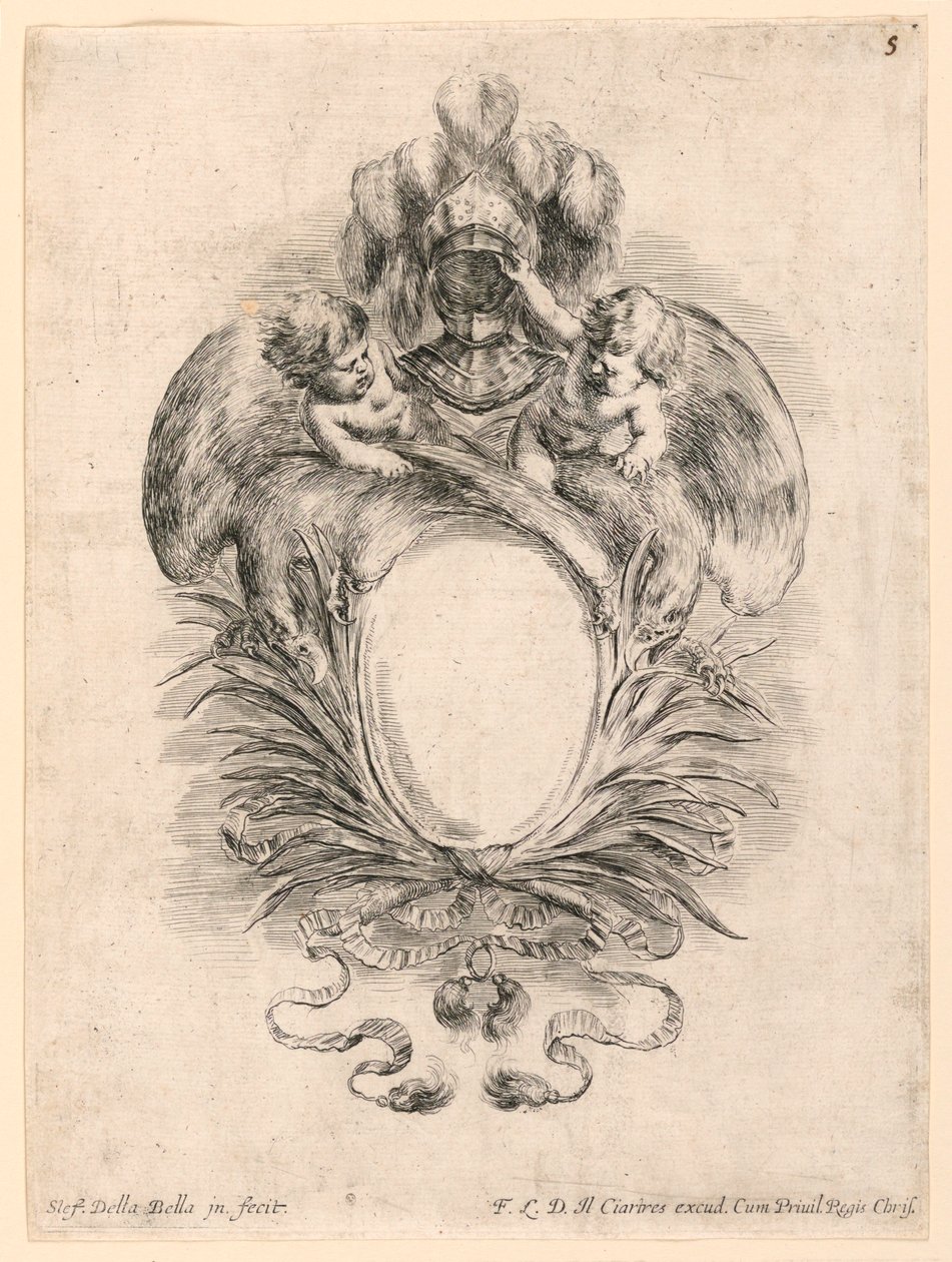 护额，"Raccolta di varii cappriccii et nove inventioni di cartelle et ornamenti "中的第 5 号。 作者 斯蒂法诺·德拉·贝拉