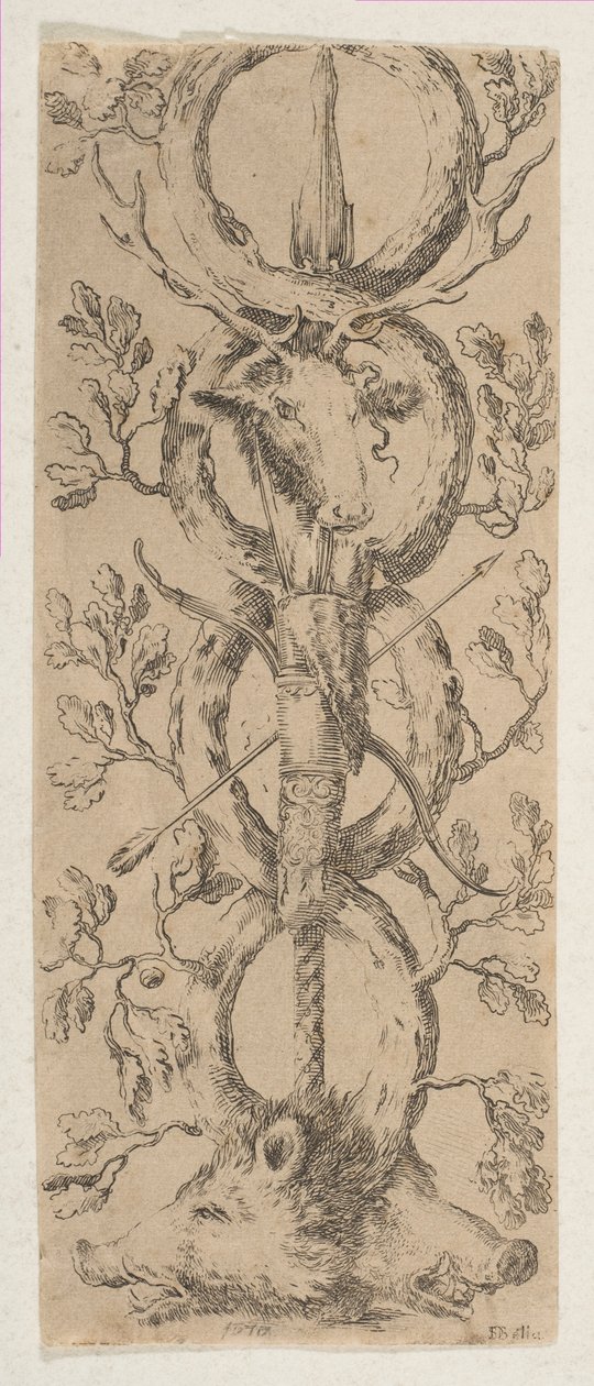 一头雄鹿和两头野猪的头像，在橡树枝的围栏里，约1653年。 作者 斯蒂法诺·德拉·贝拉